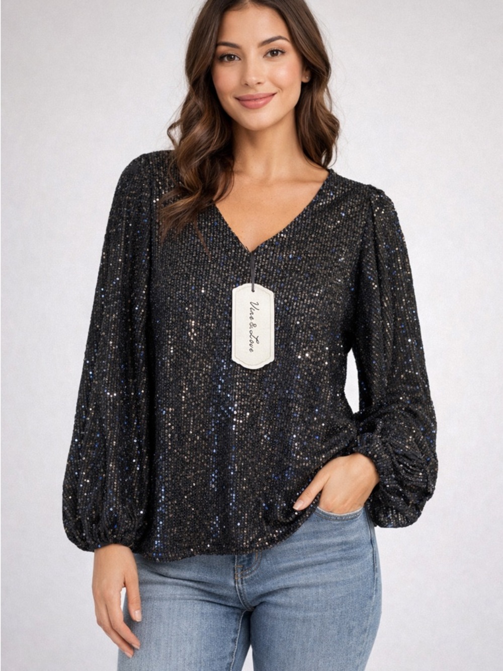 Vine & Love Black Sequin Long Sleeve Blouse Top Medium NWT Party Holiday